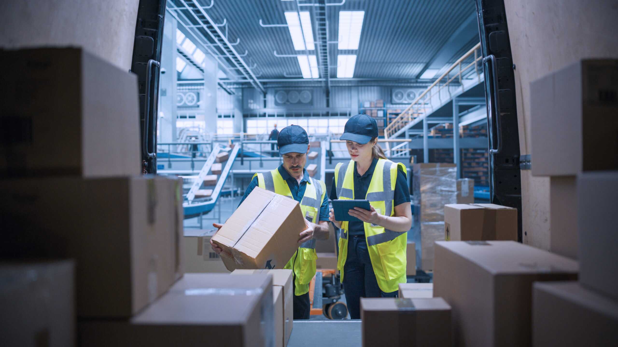 Photograph showing two warehouse workers wearing high-visibility vests inside a large storage facility. One worker holds a box while the other uses a tablet.