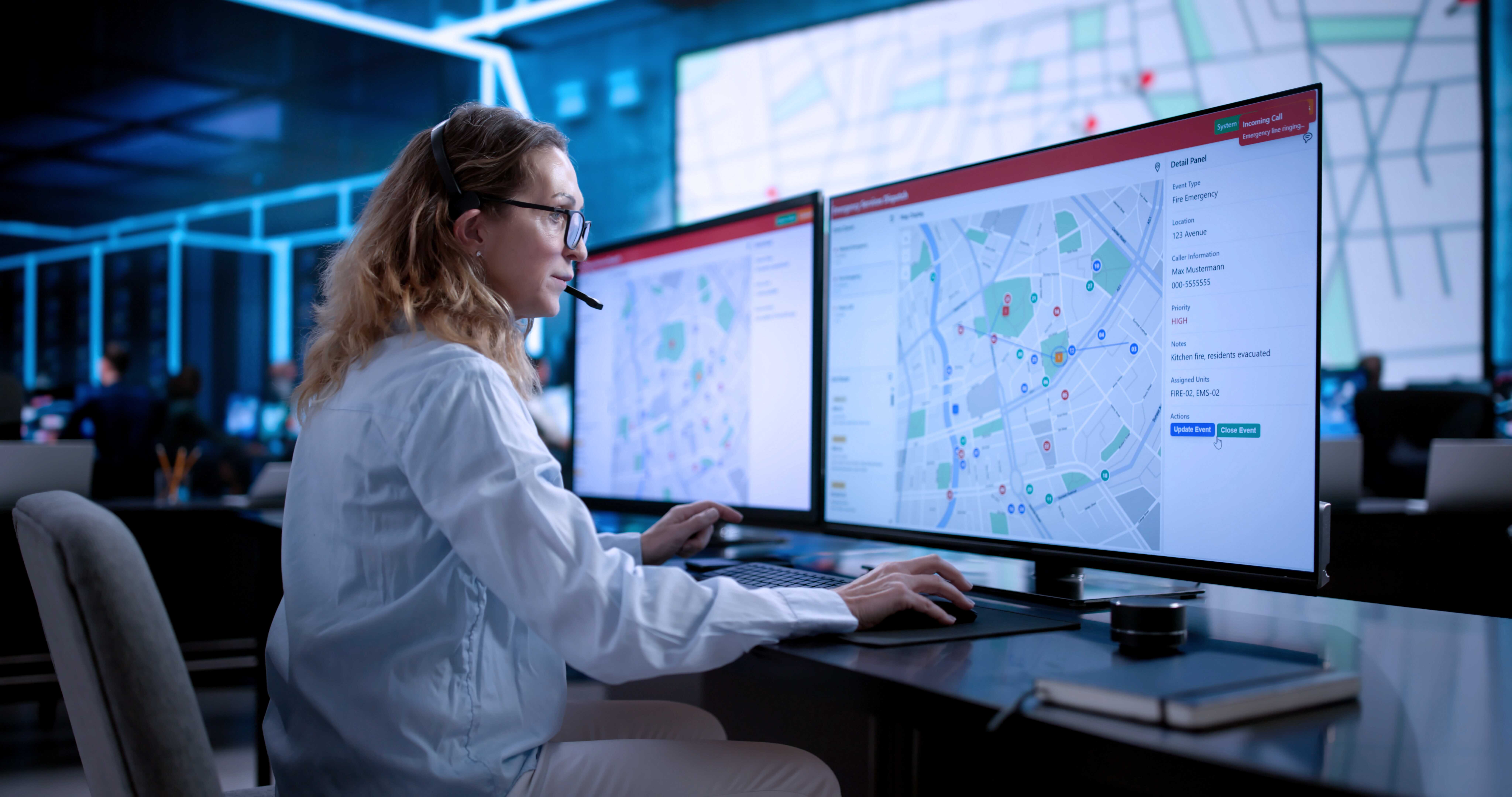 Photograph of a person wearing a headset working at a desk with two large monitors displaying detailed maps with various coloured markers and data points.