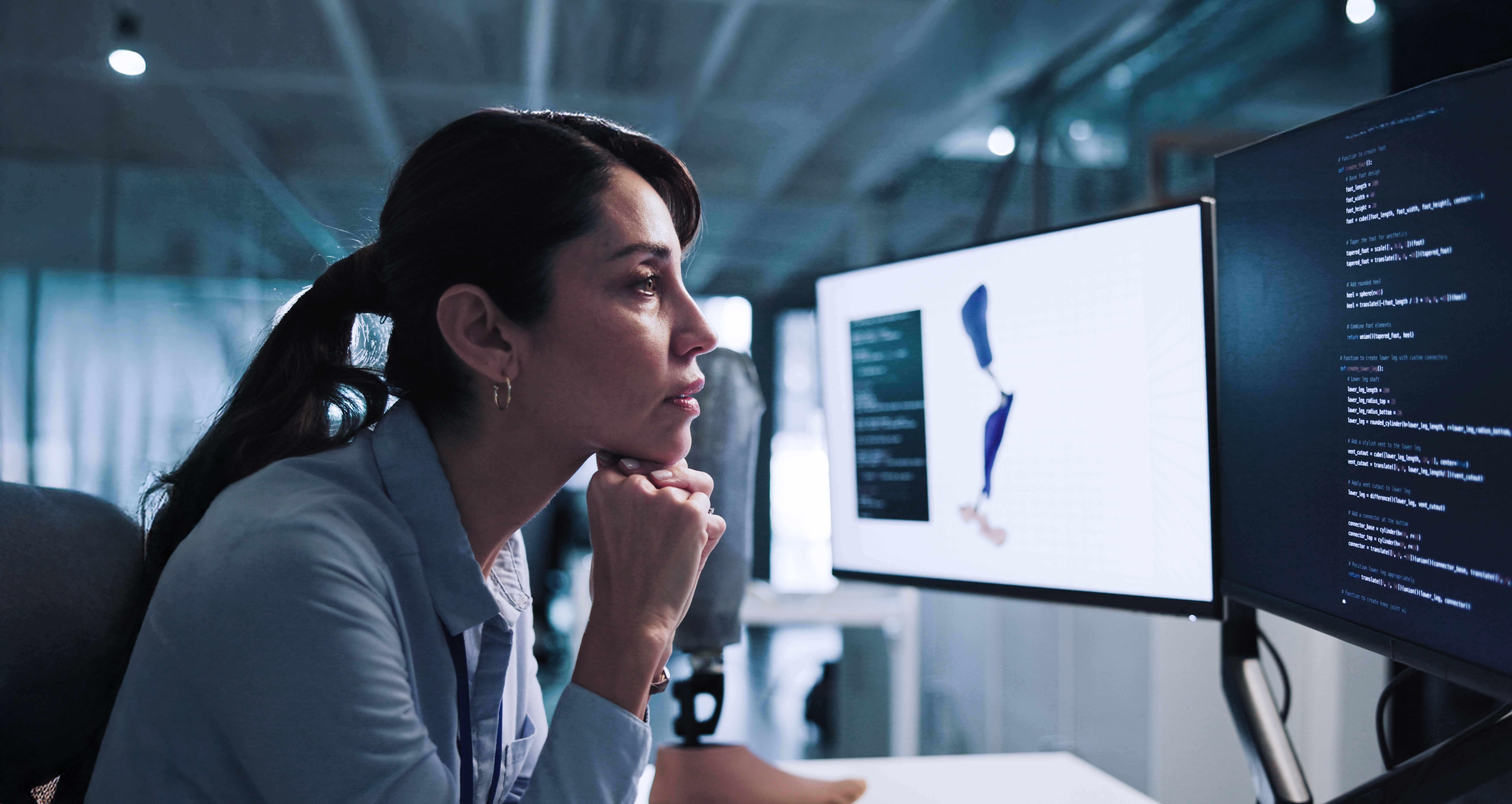 Woman, Thinking And Developer With Design For Prosthetic Leg, Programming Or 3d Printing In Lab. Thoughtful, Female Person Or Biomedical Engineer Contemplating On Computer For Artificial Development