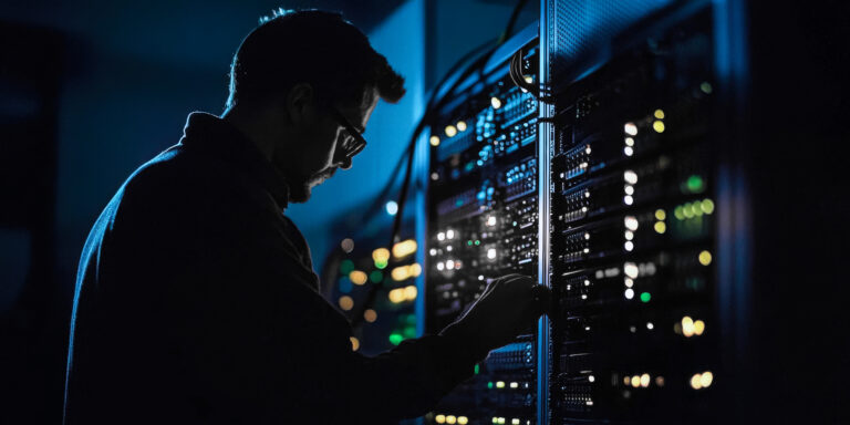 A person working on a server rack with multiple cables and blinking lights, illustrating data management or IT infrastructure.