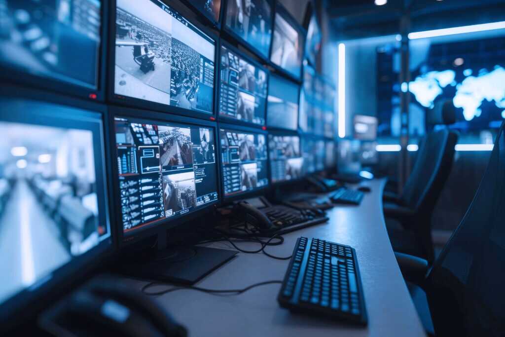 Photograph of a security control room featuring multiple monitors displaying surveillance footage and data analytics.