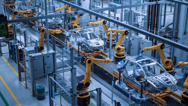 Car Factory 3d Concept: Automated Robot Arm Assembly Line Manufa
