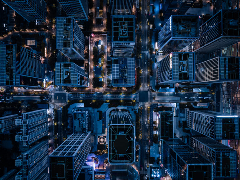Top View Of Cityscape And Skyscrapers At Night