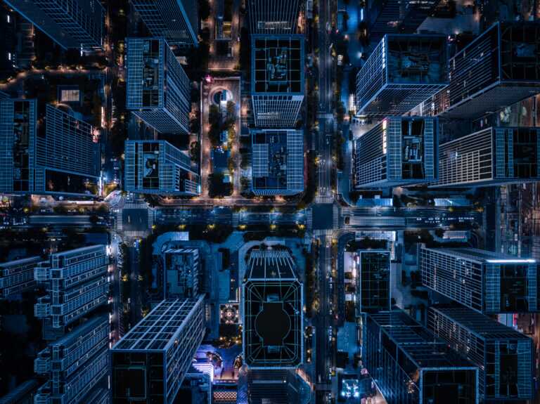 Top View Of Cityscape And Skyscrapers At Night