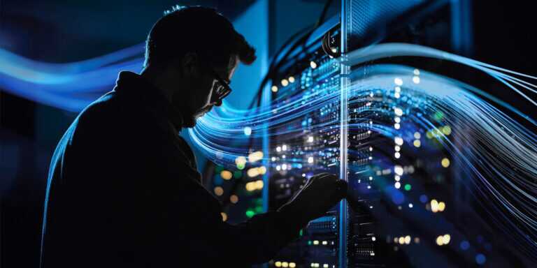 A person working on a server rack with multiple cables and blinking lights, illustrating data management or IT infrastructure. The SCC wave graphic flows in front of the rack.